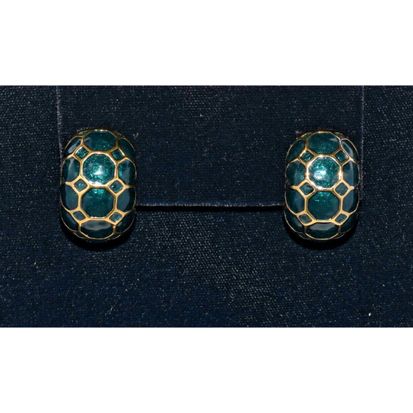 Judith Leiber Limited Edition Designer Green & Gold Enamel Clip Earrings - Picture 2 of 6